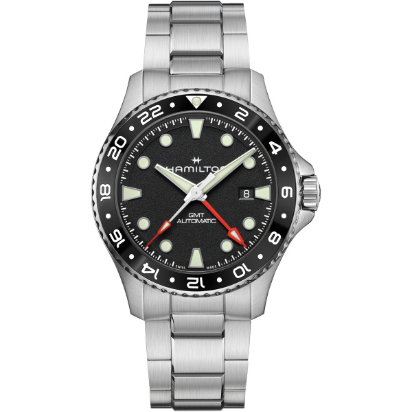 Montre Hamilton Khaki Navy Scuba Auto GMT 43 mm Cadran Noir Lunette Céramique Bracelet Acier