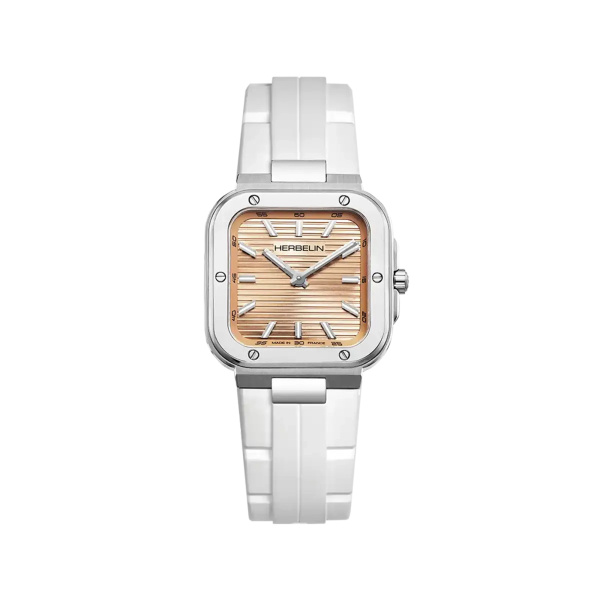 Montre Herbelin Cap Camarat Square 30 mm Quartz Cadran Champagne Rosé Bracelet Caoutchouc Blanc