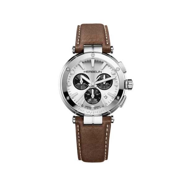 Montre Herbelin Newport 40,5 mm Chronographe Cadran Argent Bracelet Cuir Brun