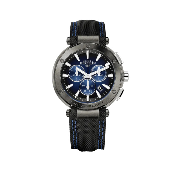 Montre Herbelin Newport 43 mm Chronographe Cadran Bleu Acier PVD Anthracite Bracelet Cuir