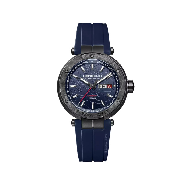 Montre Herbelin Newport Carbone Titane 43 mm Automatique Cadran Bleu Bracelet Caoutchouc