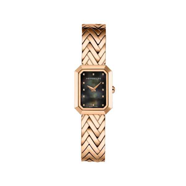 Montre Herbelin Octogône Rectangle Nacre Noire PVD Or Rose Chevrons 20,4 mm