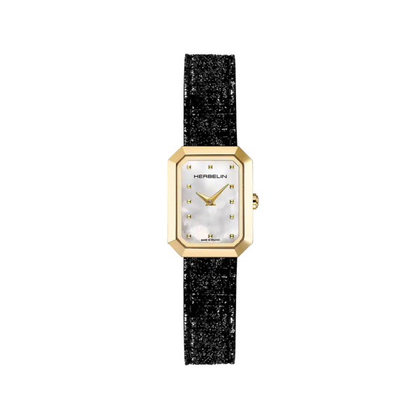 Montre Herbelin Octogône Rectangle PVD Or Jaune Nacre Blanche Cuir 20,4 mm