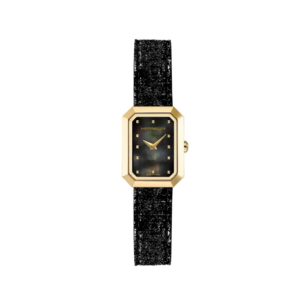 Montre Herbelin Octogône Rectangle PVD Or Jaune Nacre Noire Cuir 20,4 mm