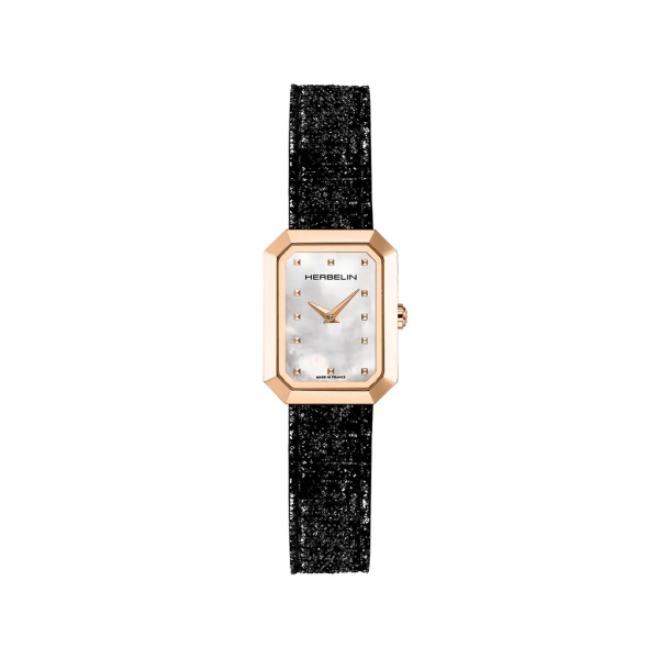 Montre Herbelin Octogône Rectangle PVD Or Rose Nacre Blanche Cuir 20,4 mm