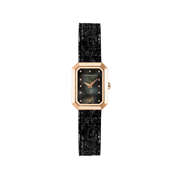 Montre Herbelin Octogône Rectangle PVD Or Rose Nacre Noire Cuir 20,4 mm