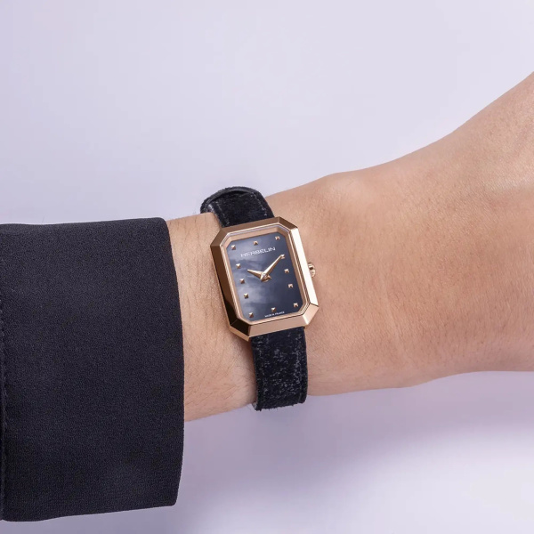 Montre Herbelin Octogône Rectangle PVD Or Rose Nacre Noire Cuir 20,4 mm