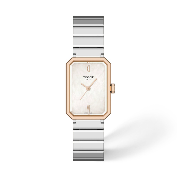Montre Tissot SRV 30 mm Quartz Cadran Nacre Blanche Boîtier Ton Or Rose Bracelet Acier