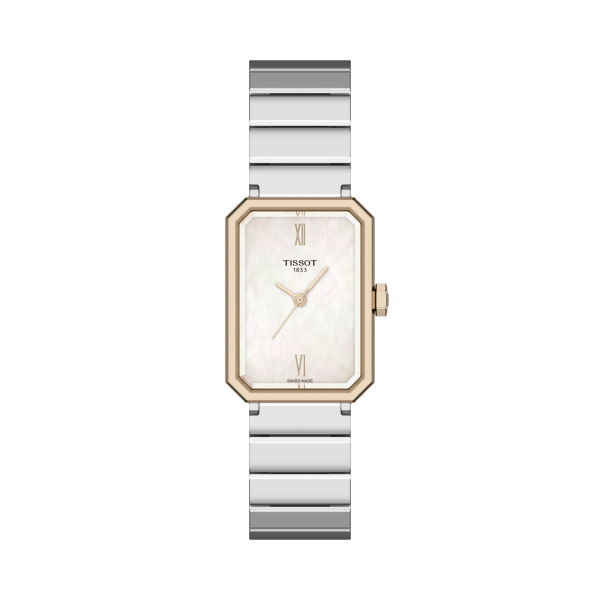 Montre Tissot SRV 30 mm Quartz Cadran Nacre Blanche Boîtier Ton Or Rose Bracelet Acier