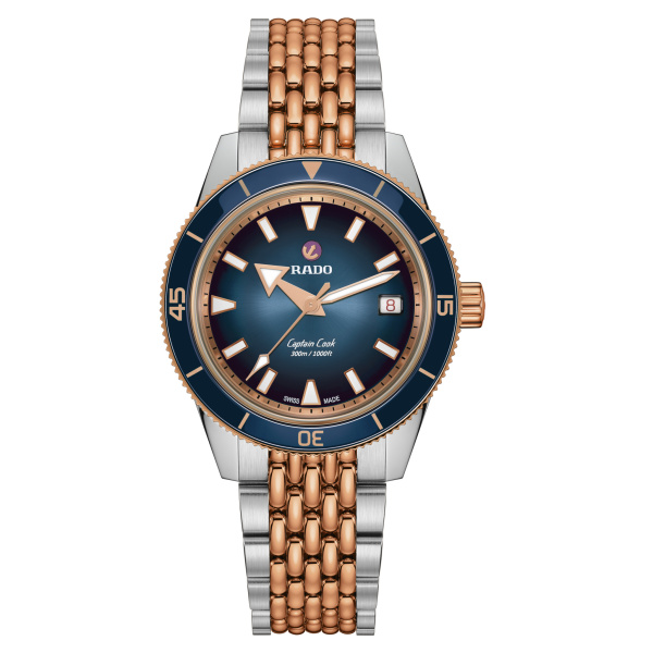 Montre Rado Captain Cook 39 mm Automatique Cadran Dégradé Bleu Bicolore Ton Or Rose