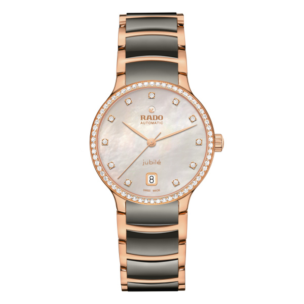 Montre Rado Centrix Automatic Diamonds 35 mm Cadran Nacre Grise Ton Or Rose Céramique Plasma