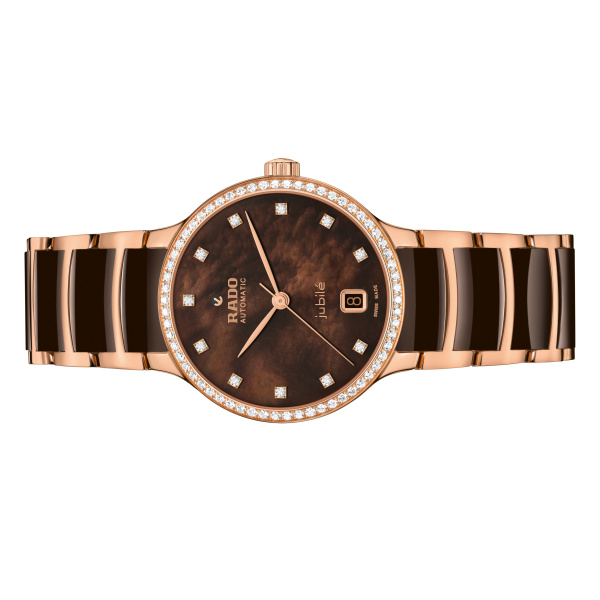 Montre Rado Centrix Automatic Diamonds 35 mm Cadran Nacre Brune Ton Or Rose Céramique Brune