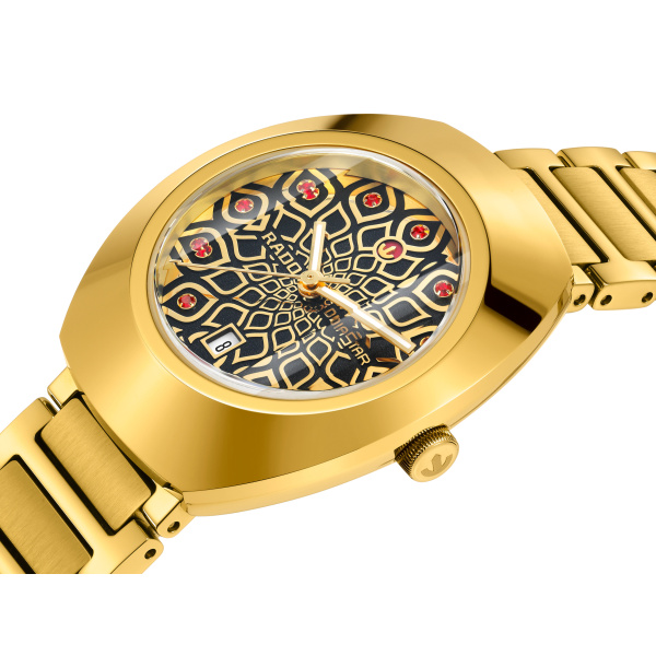 Montre Rado DiaStar Original 30 mm Automatique Cadran Noir Zircons Rouges Doré