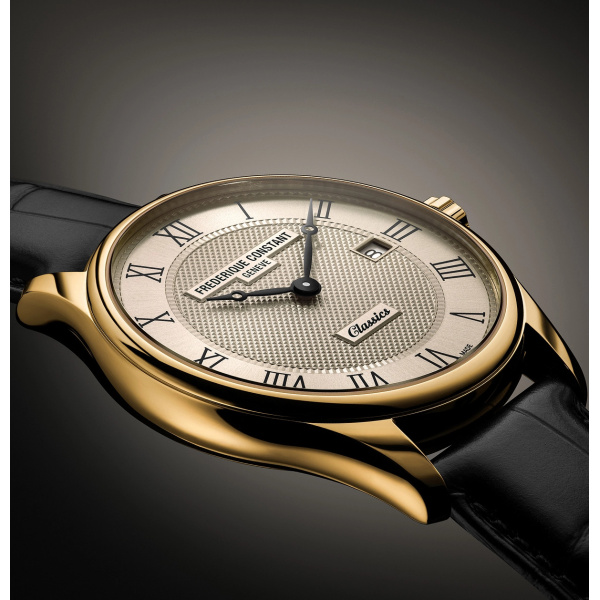 Montre Frederique Constant Classics Quartz Date 40 mm Acier PVD Doré Cadran Crème Bracelet Cuir Noir