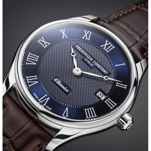 Montre Frederique Constant Classics Quartz Date 40 mm Cadran Bleu Bracelet Cuir Brun