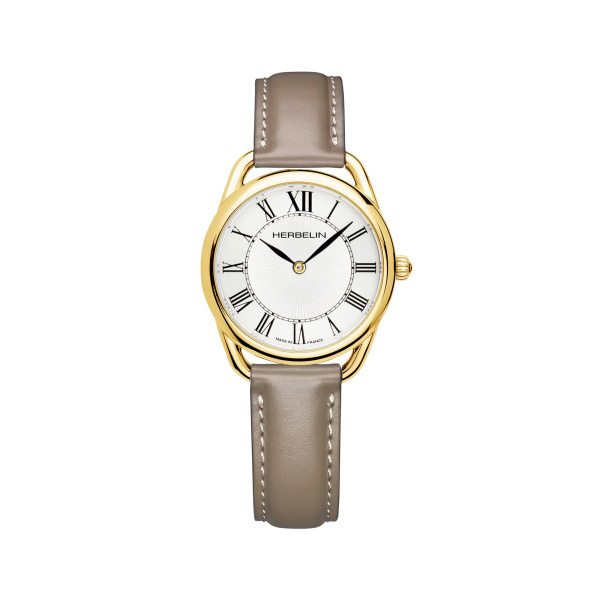 Montre Herbelin Équinoxe 28 mm Quartz PVD Or Jaune Chiffres Romains Cuir Taupe