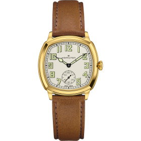 Montre Hamilton American Classic Cushion Mechanical 34 mm PVD Doré Cadran Beige Bracelet Cuir Brun