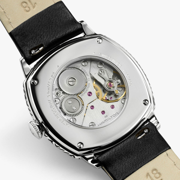 Montre Hamilton American Classic Cushion Mechanical 34 mm Boîtier Gravé Cadran Blanc Bracelet Cuir Noir