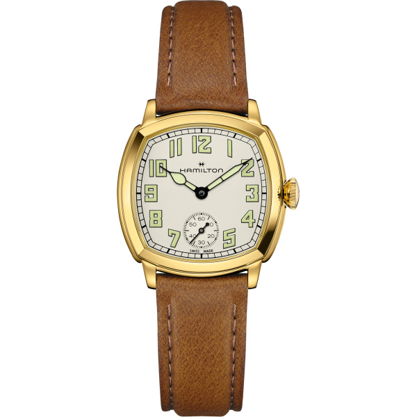 Montre Hamilton American Classic Cushion Mechanical 30 mm PVD Doré Cadran Beige Bracelet Cuir Brun