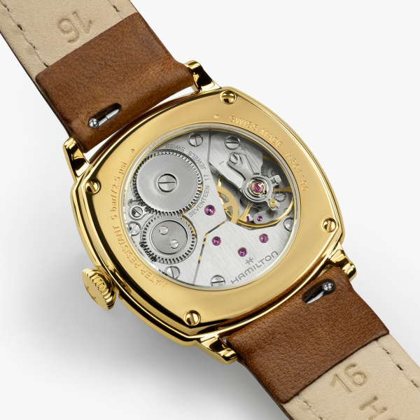 Montre Hamilton American Classic Cushion Mechanical 30 mm PVD Doré Cadran Beige Bracelet Cuir Brun