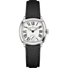 Montre Hamilton American Classic Cushion Mechanical 30 mm Cadran Blanc Chiffres Romains Bracelet Cuir Noir