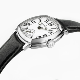 Montre Hamilton American Classic Cushion Mechanical 30 mm Cadran Blanc Chiffres Romains Bracelet Cuir Noir