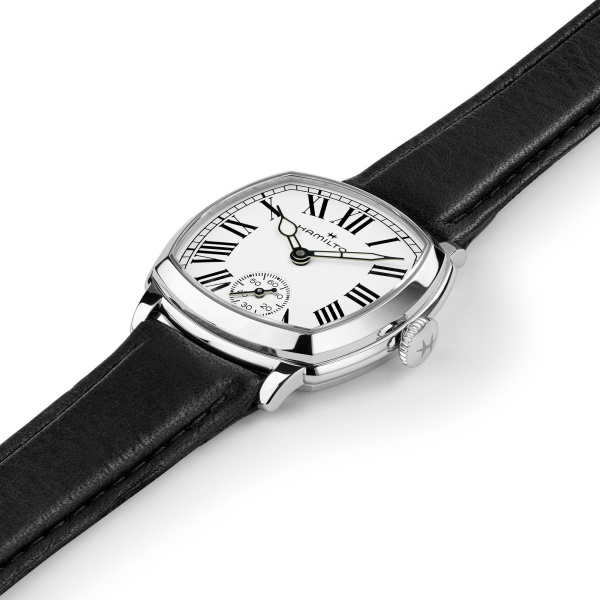 Montre Hamilton American Classic Cushion Mechanical 30 mm Cadran Blanc Chiffres Romains Bracelet Cuir Noir