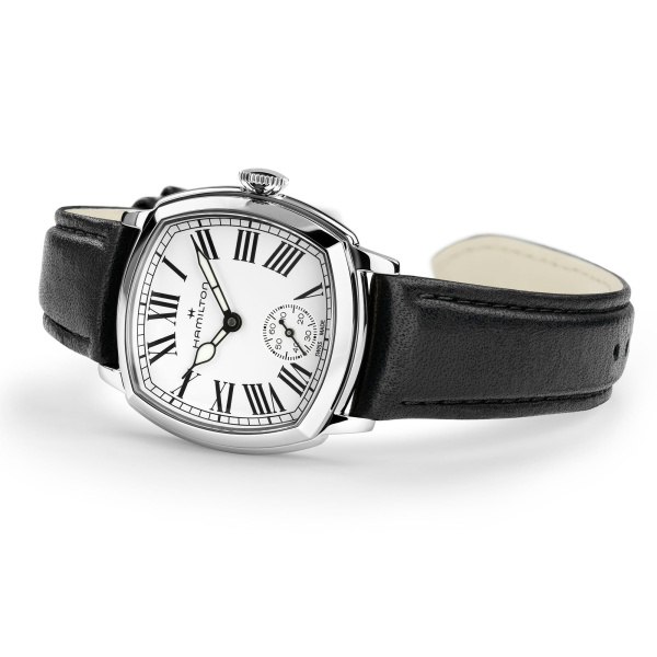 Montre Hamilton American Classic Cushion Mechanical 30 mm Cadran Blanc Chiffres Romains Bracelet Cuir Noir