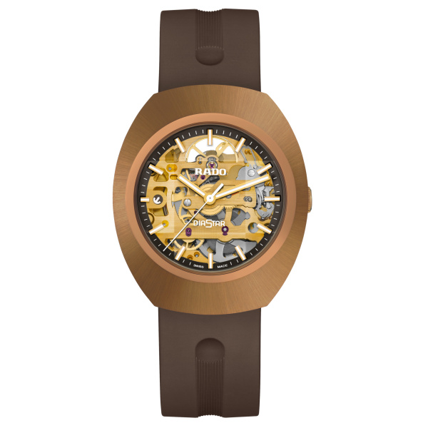 Montre Rado DiaStar Original Skeleton 38 mm Automatique Ton Or Rose Bracelet Caoutchouc Brun
