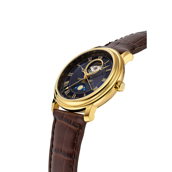 Montre Frederique Constant Classics Heart Beat Moonphase Date 40 mm Plaqué Or Cadran Bleu Nuit Bracelet Cuir Brun