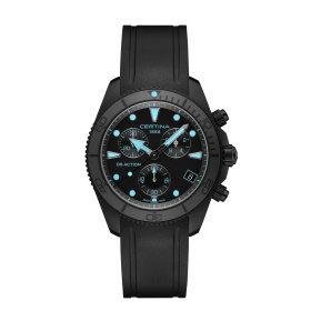 Montre Certina DS Action Chrono 42 mm Quartz PVD Noir Cadran Noir Turquoise Bracelet Caoutchouc