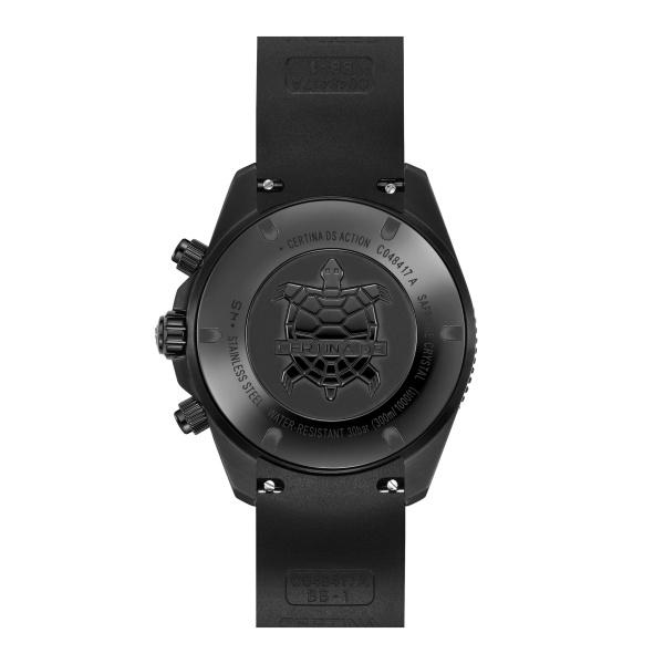 Montre Certina DS Action Chrono 42 mm Quartz PVD Noir Cadran Noir Turquoise Bracelet Caoutchouc