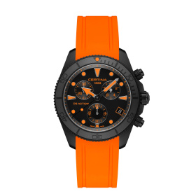 Montre Certina DS Action Chrono 42 mm Quartz PVD Noir Cadran Noir Orange Bracelet Caoutchouc Orange