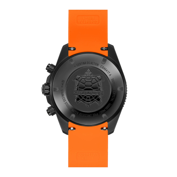 Montre Certina DS Action Chrono 42 mm Quartz PVD Noir Cadran Noir Orange Bracelet Caoutchouc Orange