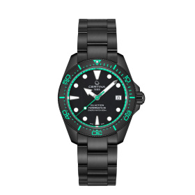 Montre Certina DS Action Diver 38 mm Powermatic 80 PVD Noir Vert d'Eau Bracelet Acier et Caoutchouc