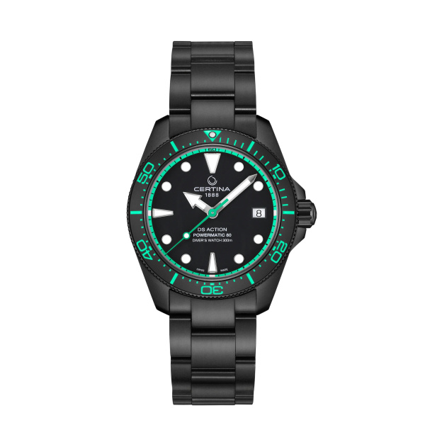 Montre Certina DS Action Diver 38 mm Powermatic 80 PVD Noir Vert d'Eau Bracelet Acier et Caoutchouc