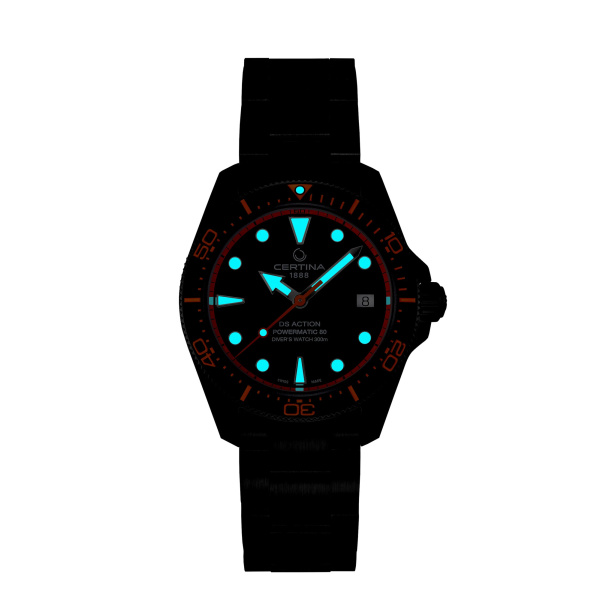 Montre Certina DS Action Diver 38 mm Powermatic 80 PVD Noir Orange Bracelet Acier et Caoutchouc