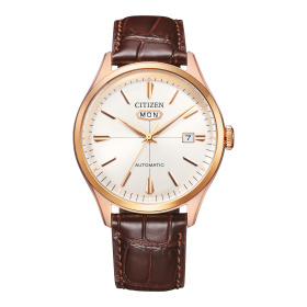 Montre Citizen Automatique 40,2 mm Ton Or Rose Jour Date Cadran Blanc Bracelet Cuir