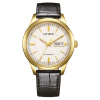 Montre Citizen Automatique 40 mm Plaqué Or Jour Date Cadran Blanc Bracelet Cuir Noir