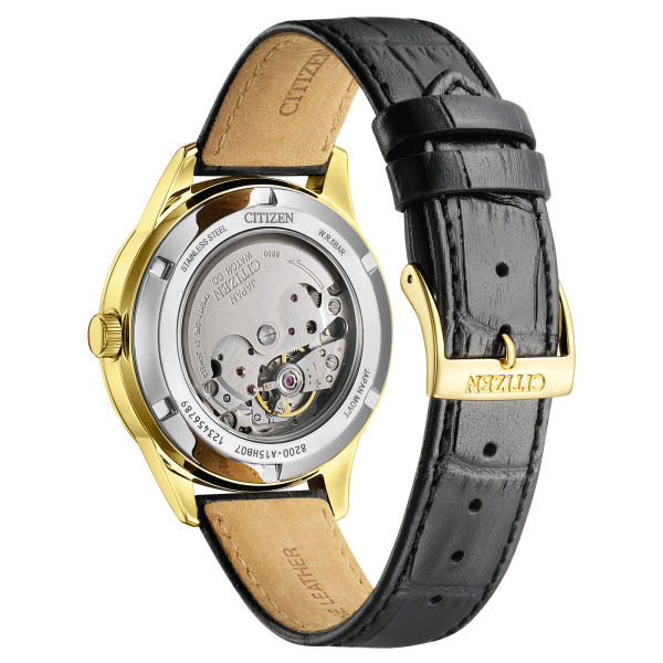 Montre Citizen Automatique 40 mm Plaqué Or Jour Date Cadran Blanc Bracelet Cuir Noir
