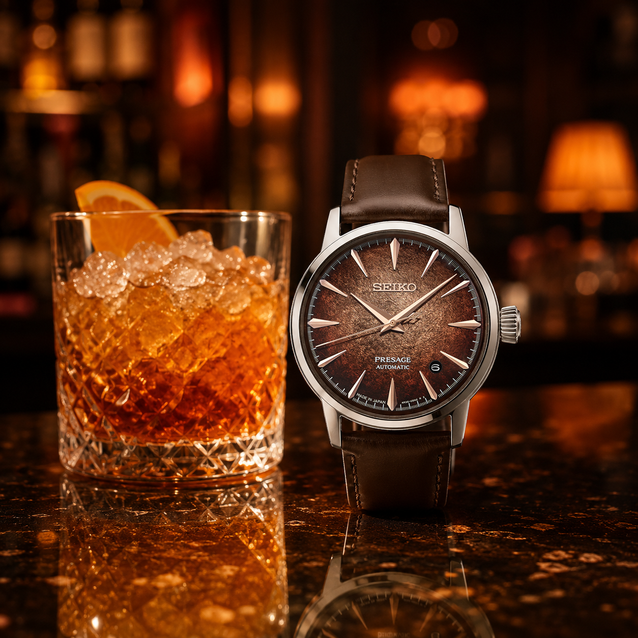 Seiko Presage Cocktail Time brun HCB003 cadran glace pilée dégradé caramel aiguilles or rose