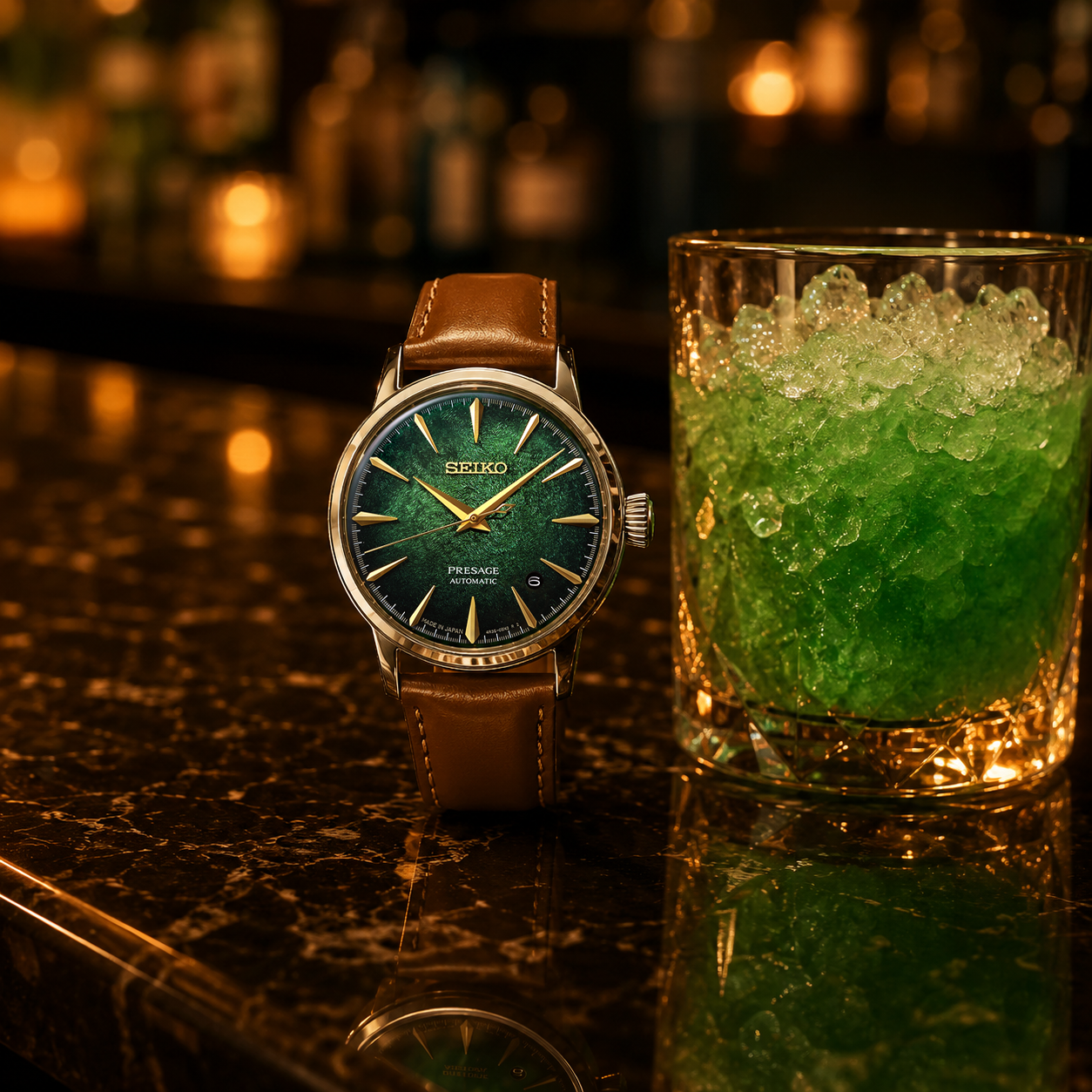 Seiko Presage Cocktail Time vert HCB002 cadran glace pilée dégradé vert aiguilles or 38,5 mm