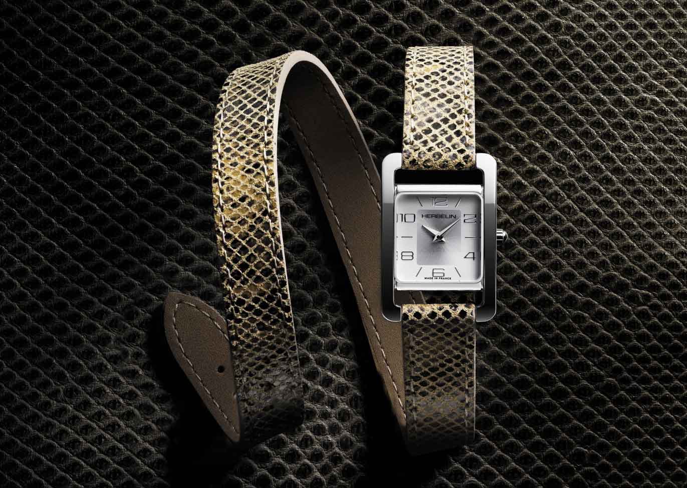 Montre Herbelin Ve Avenue rectangulaire acier, bracelet double tour à motif python