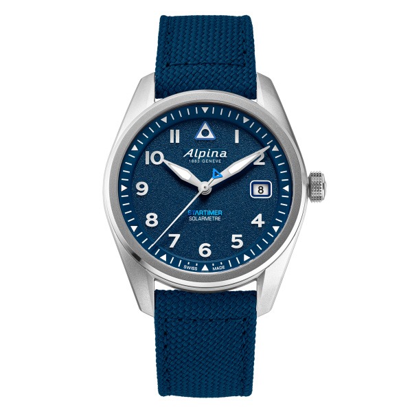 Alpina Startimer Pilot Solarmetre cadran bleu marine grainé bracelet textile bleu 38 mm