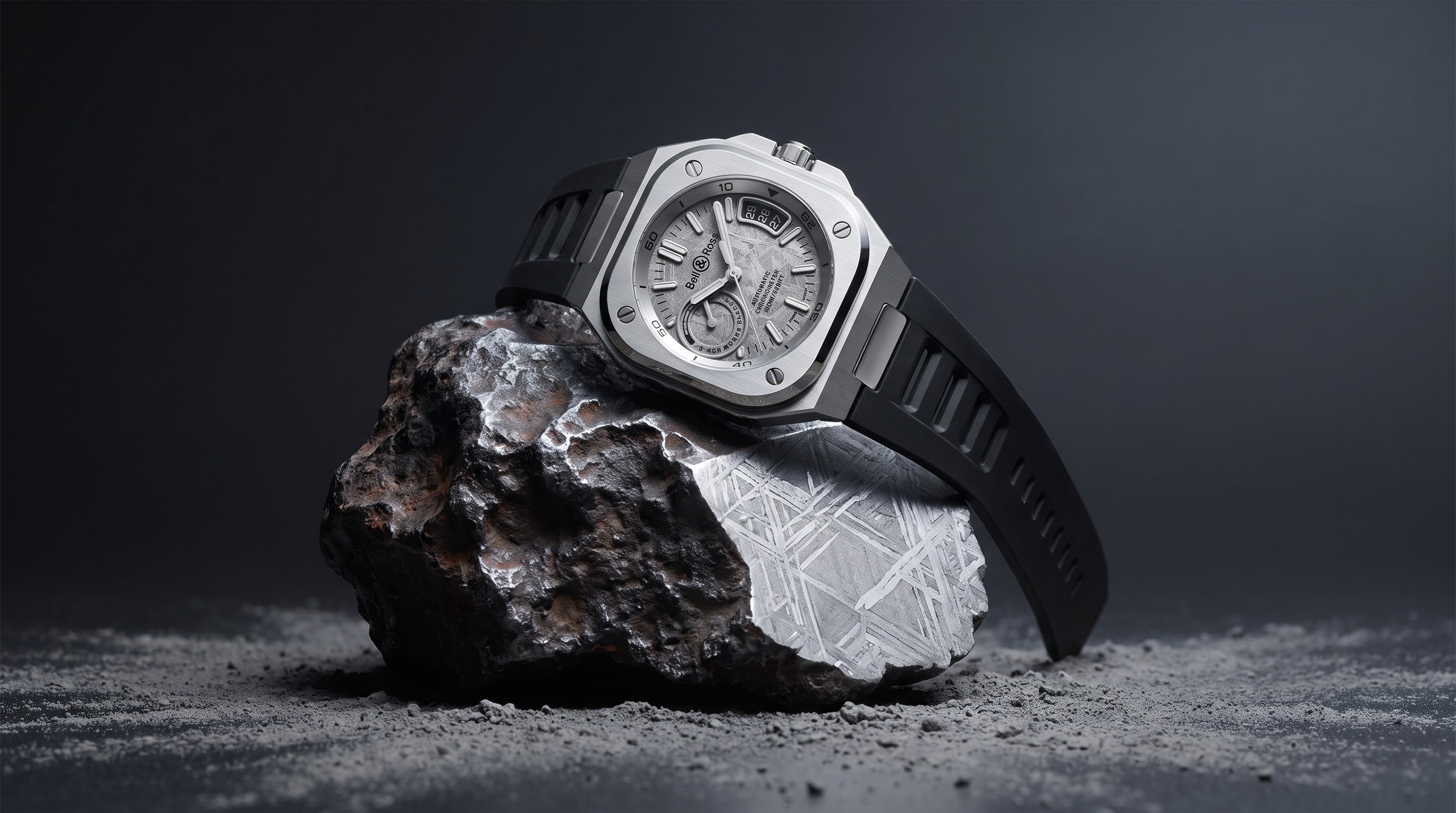 Bell & Ross BR-X5 Météorite à bracelet caoutchouc posée sur un fragment de météorite de fer, face sciée et polie (vue d’illustration)