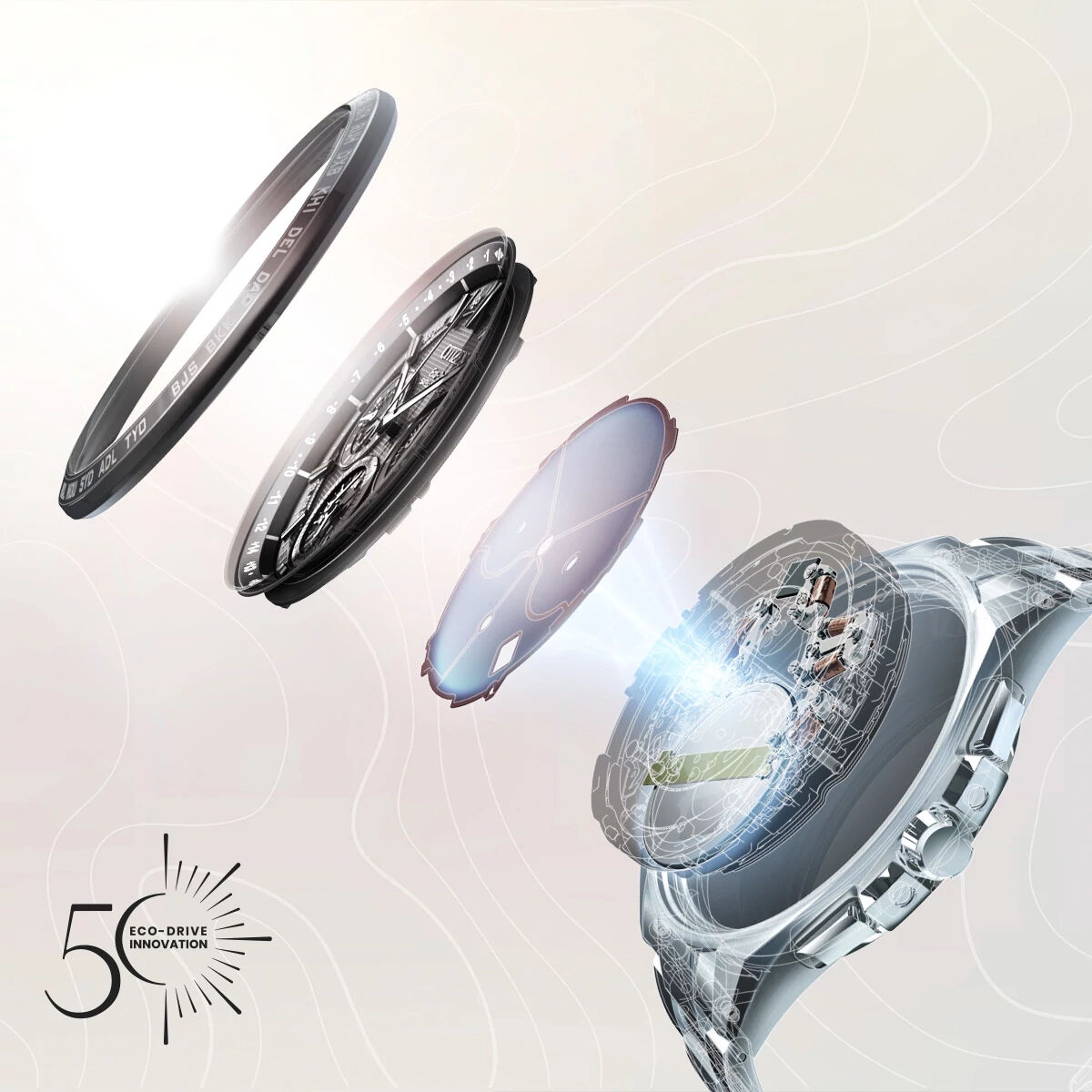 Schéma des couches de la technologie Citizen Eco-Drive sous le cadran