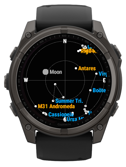 Cadran Garmin affichant la carte des étoiles visibles selon la position