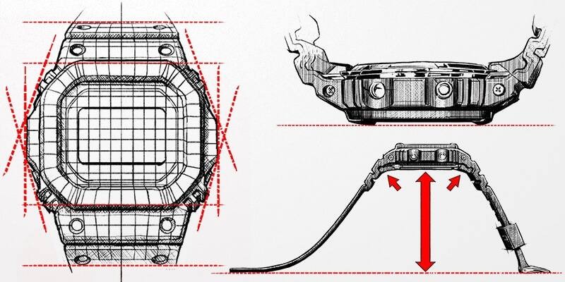 Croquis officiel Casio du boîtier carré de la G-Shock, lignes de construction de la face et bracelet cintré qui amortit la chute