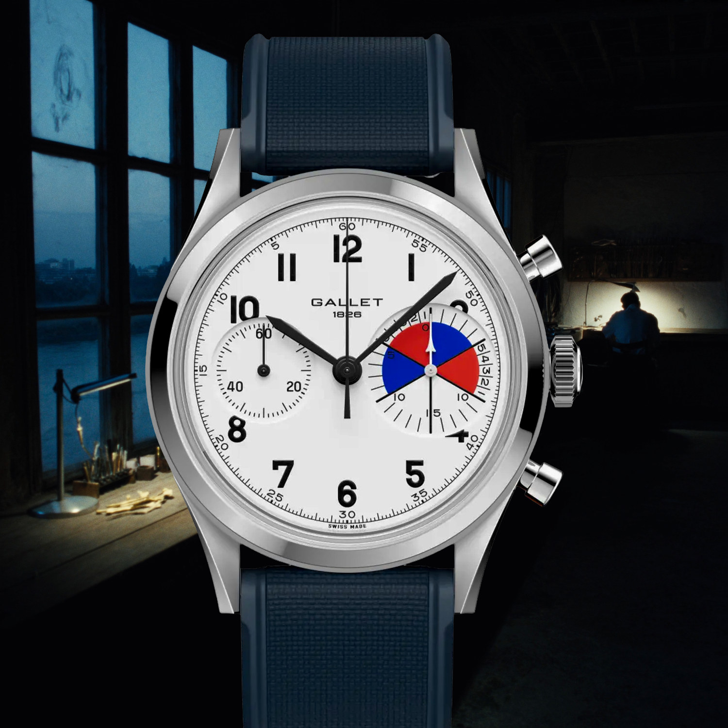 Montre Gallet Classics Tribute to Yachting Big Eye 38 mm, devant un établi d'horloger éclairé en fin de journée