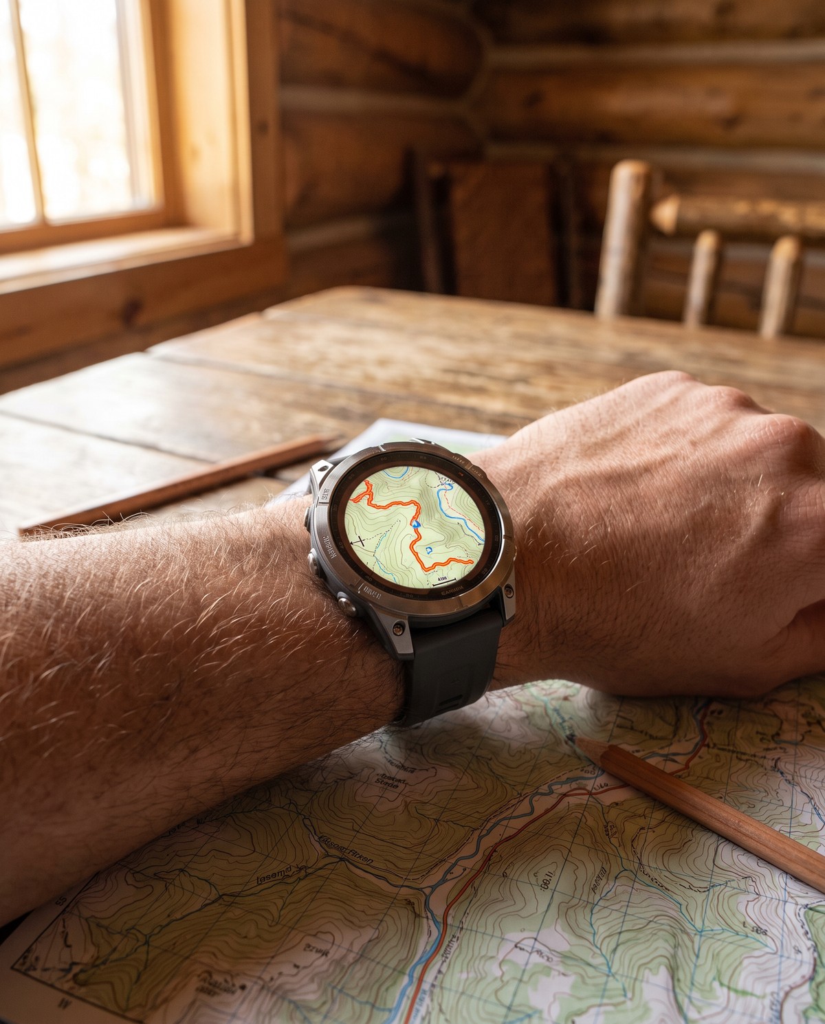 Garmin fēnix 9 Pro 47 mm titane au poignet sur une carte topographique (vue d'illustration)